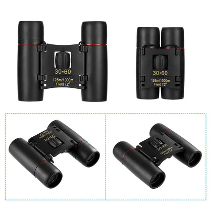 Compact 30x60 zoom binoculars with carry bag, ideal for outdoor adventures and events.