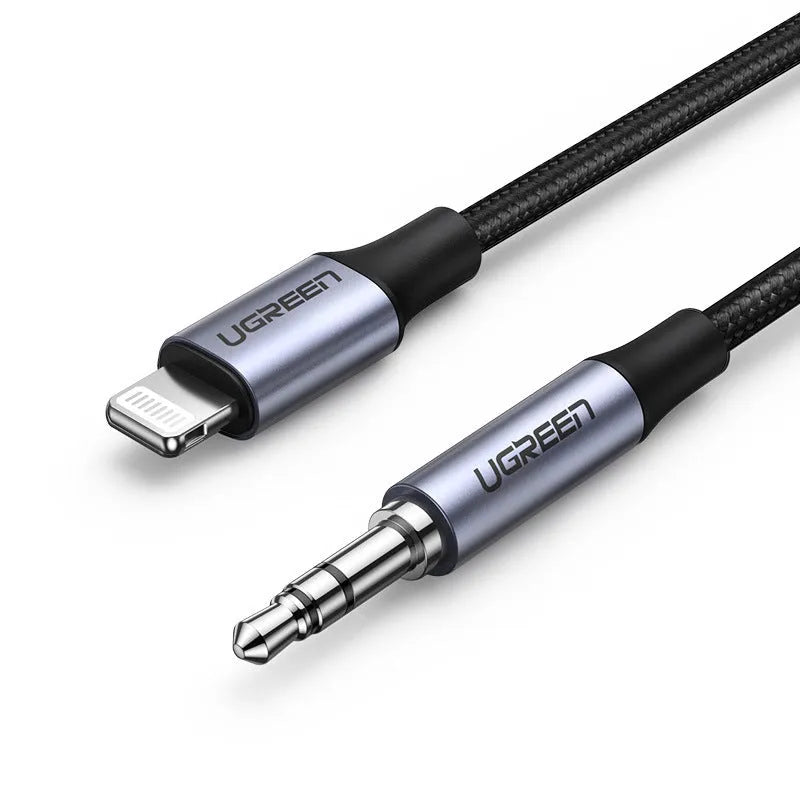 Black Apple Lightning to 3.5mm audio cable for car adapter with shiny silk braid thread