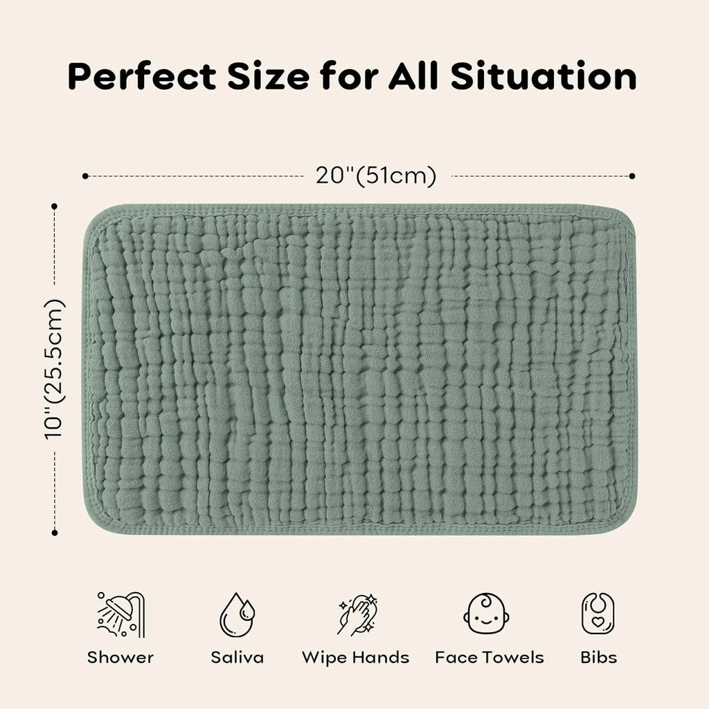 6-pack of large 25x50cm muslin burp cloths in assorted colours on light background