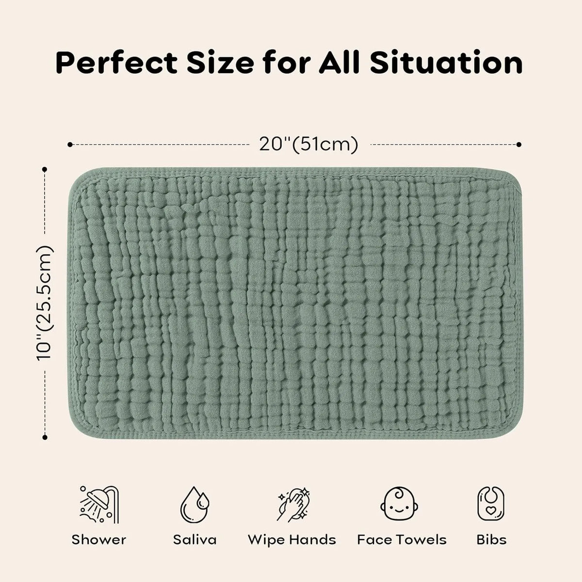 6-pack of large 25x50cm muslin burp cloths in assorted colours on light background