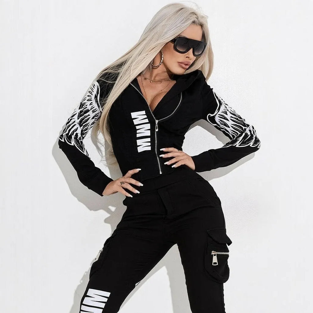 Women's black wings print hooded casual suit set with zipper top and trousers