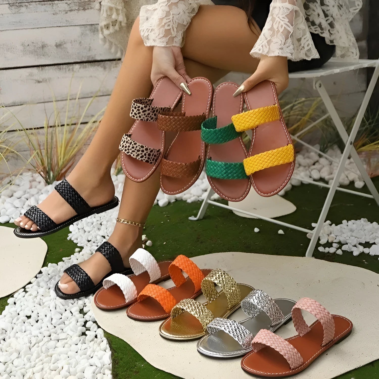 Plus size women's woven beach slipper in synthetic leather, available in multiple colours with a PVC sole.