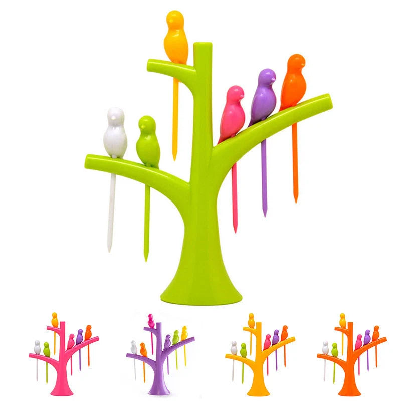 Kids' plastic fruit fork set with tree and birds design in vibrant colours
