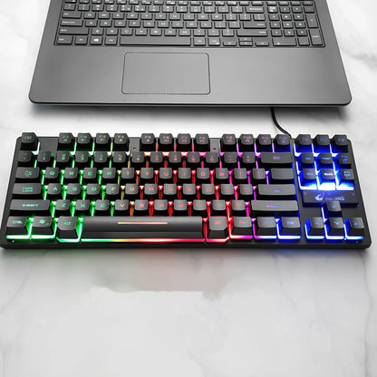 Black 87-key mechanical gaming keyboard, 36.5cm wide with USB cable, compact design for PC setups