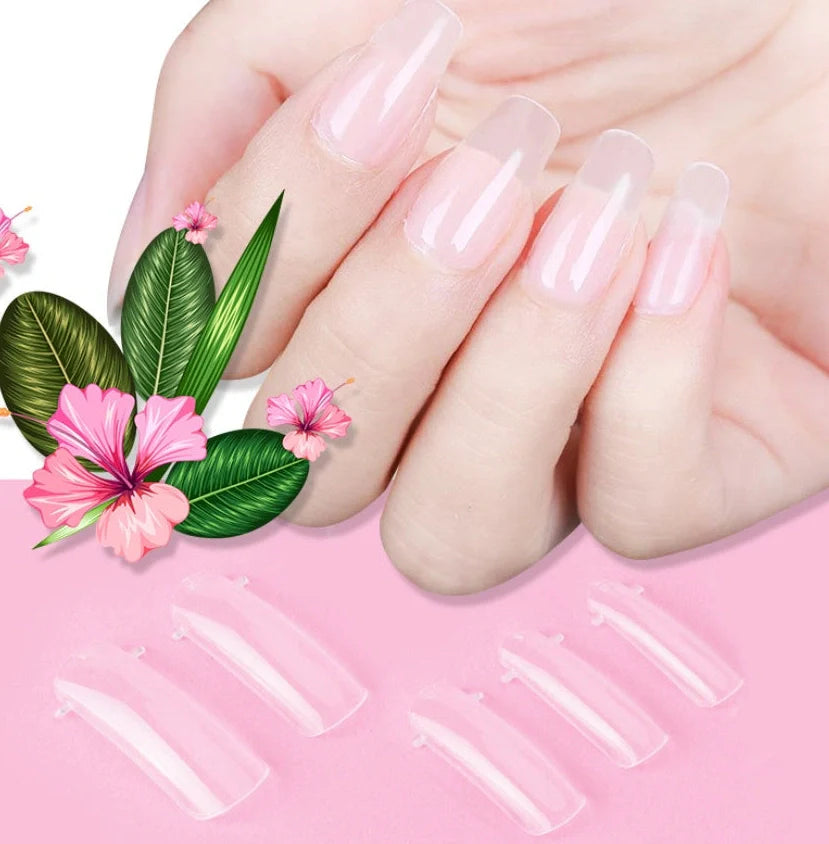 100-piece crystal transparent false nail set with solid-state extension glue and multiple sizing options