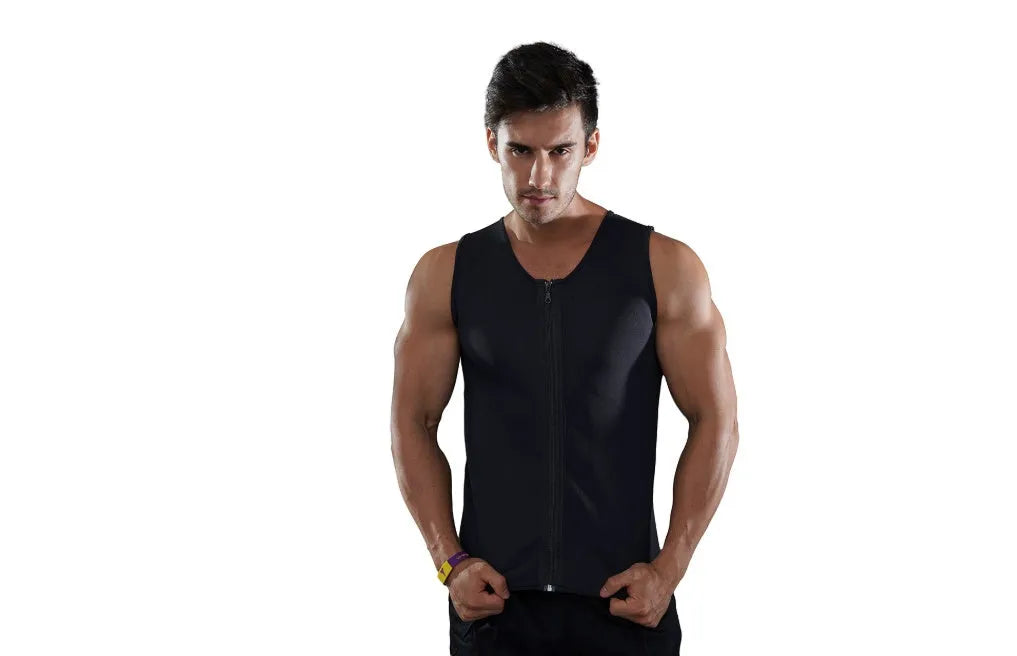 Black fitness sweat zipper vest with front zip, made from chlorinated fibre, shown on a model
