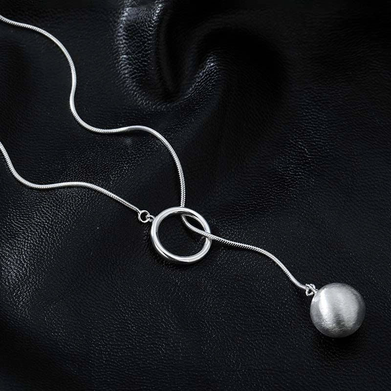 Platinum-plated round ball ring long necklace with snake bone chain for women