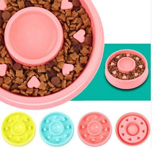Anti-choke plastic dog bowl in pink, blue, green, and yellow