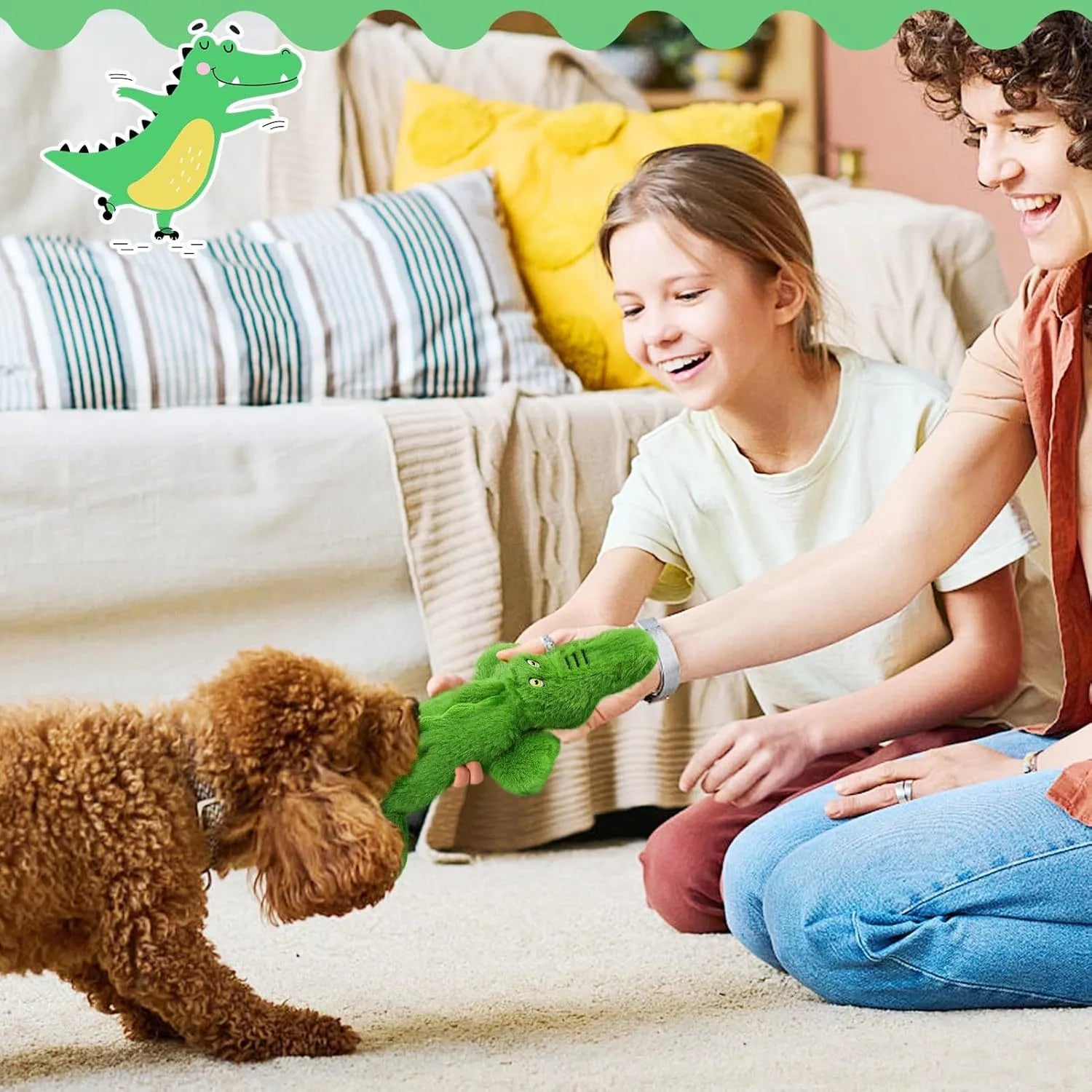 Green crocodile squeaky dog toy for aggressive chewers with no-stuffing design