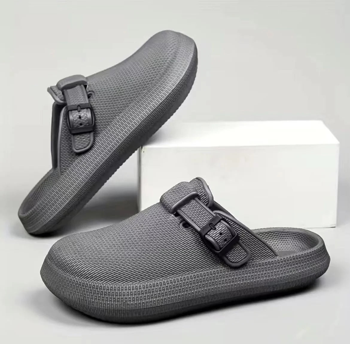Lightweight EVA indoor home slippers in black, gray, and white