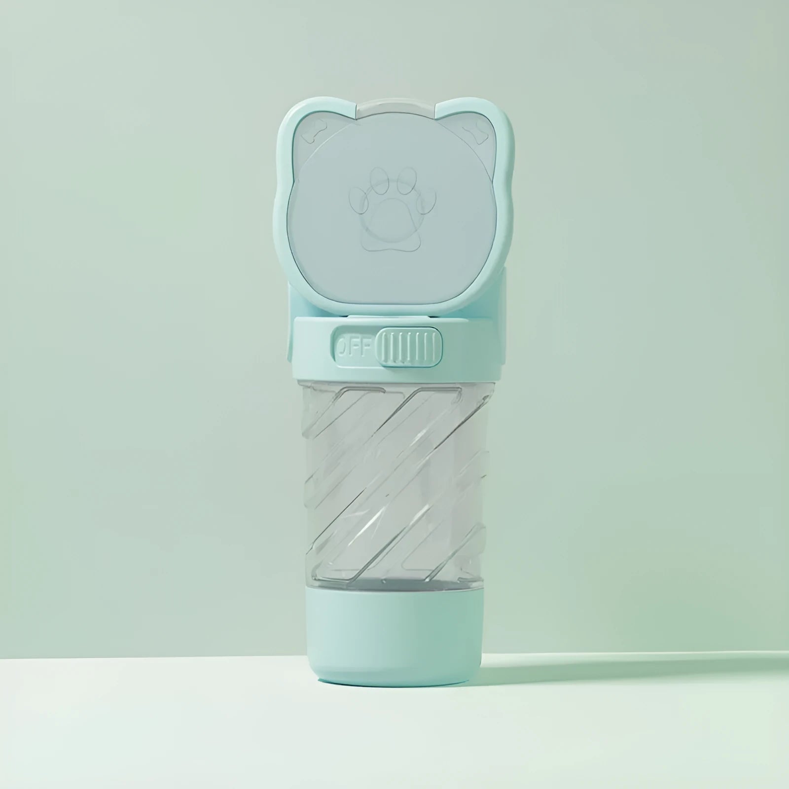 Green, pink, or white 3-in-1 portable pet water bottle with food container and garbage bag dispenser and shoulder strap.