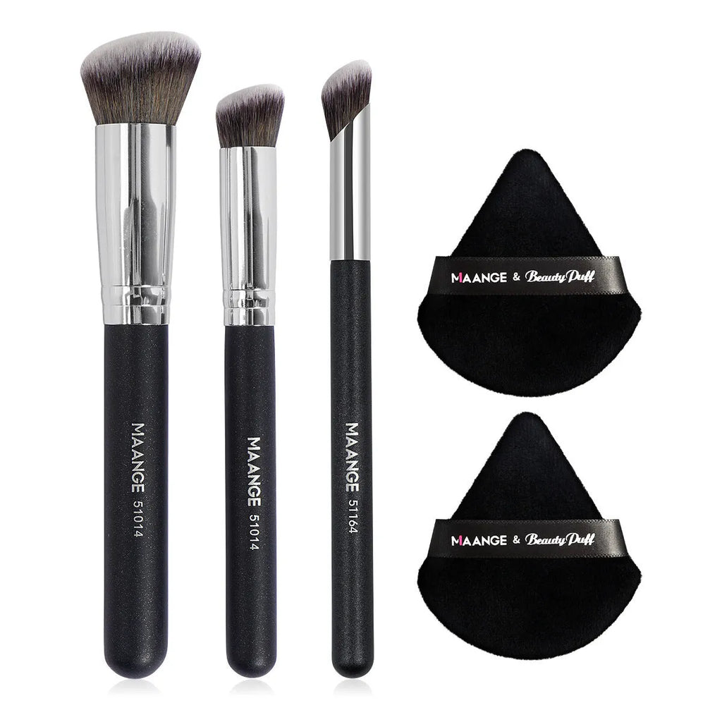 3-piece wooden handle makeup brush set with triangle powder puff in apricot and black colours