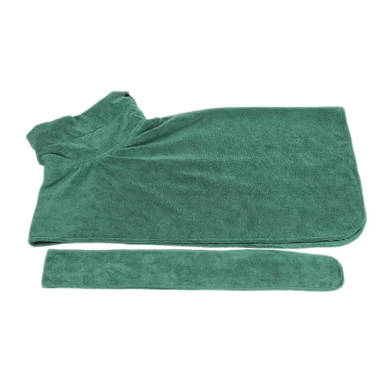 Blue dog bathrobe made of microfiber with adjustable hook and loop strap for drying after bath