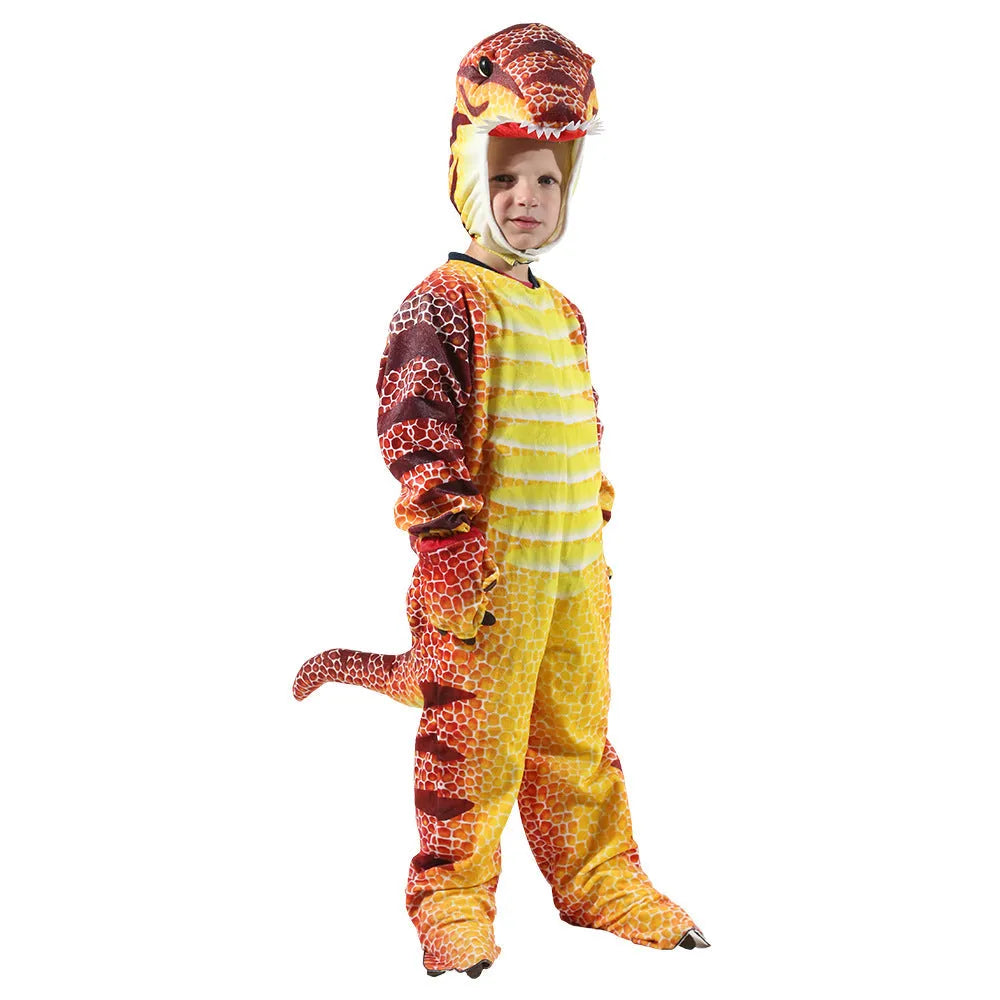 Children's one-piece dinosaur Halloween costume playsuit in green, available in sizes 100cm, 110cm, and 120cm.