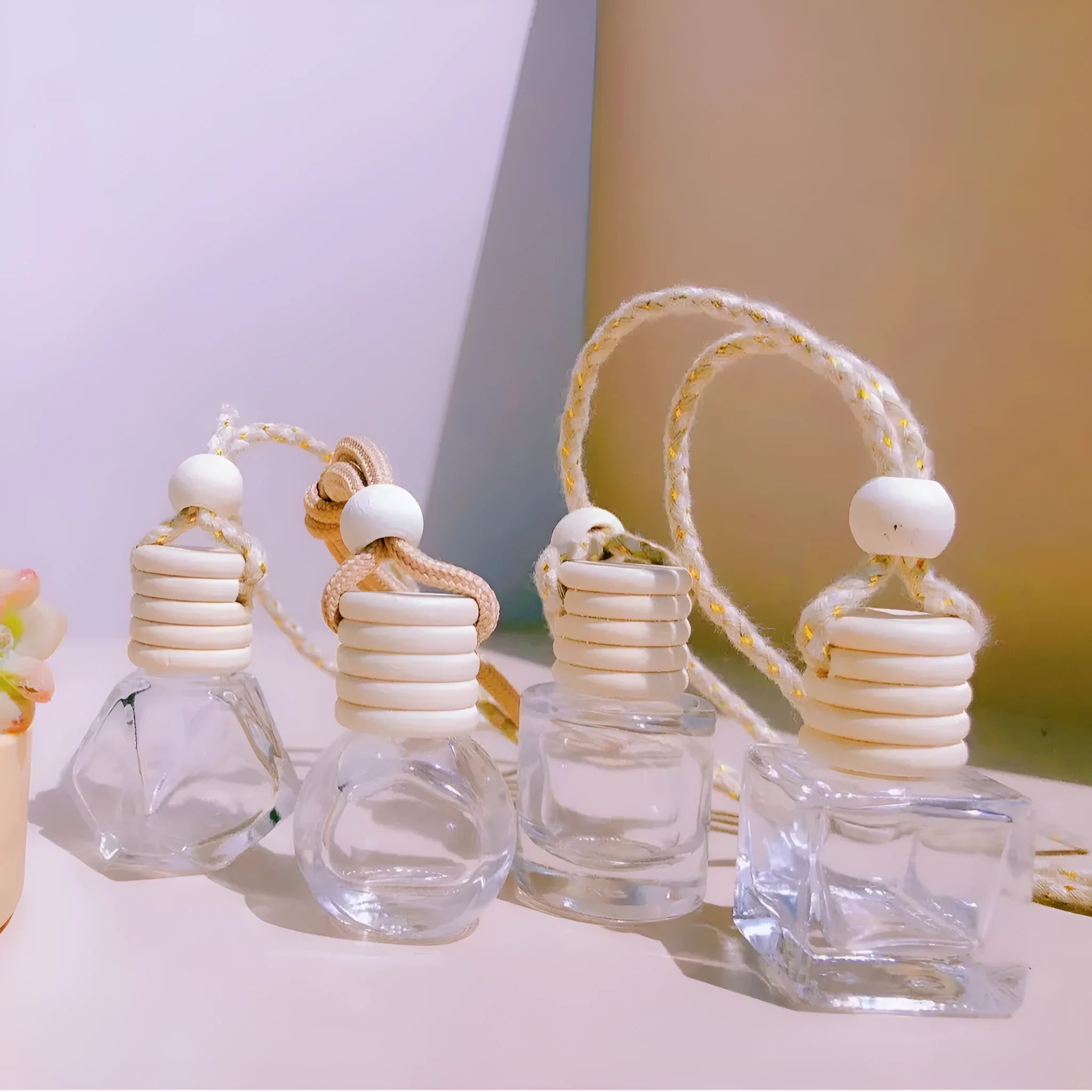 Car perfume pendant fragrance glass bottle in four container style options