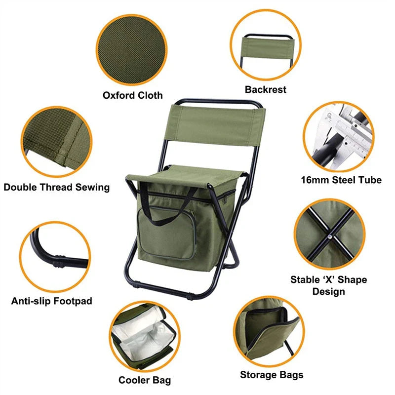 Versatile fishing chair with built-in refrigerator compartment, designed for outdoor comfort and convenience