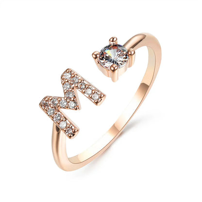 Elegant 26-letter adjustable initial ring in gold, silver, and rose gold finishes