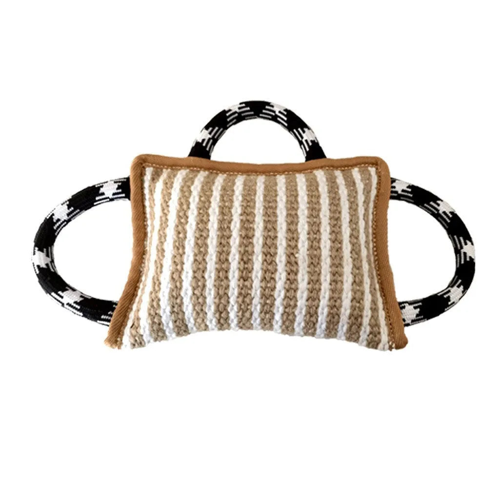 Jute bite pillow dog tug toy with three rope handles in various colours