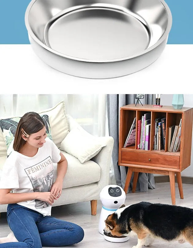 White automatic pet feeder with removable grain barrel and metal food tray, infrared anti-feeding prevention