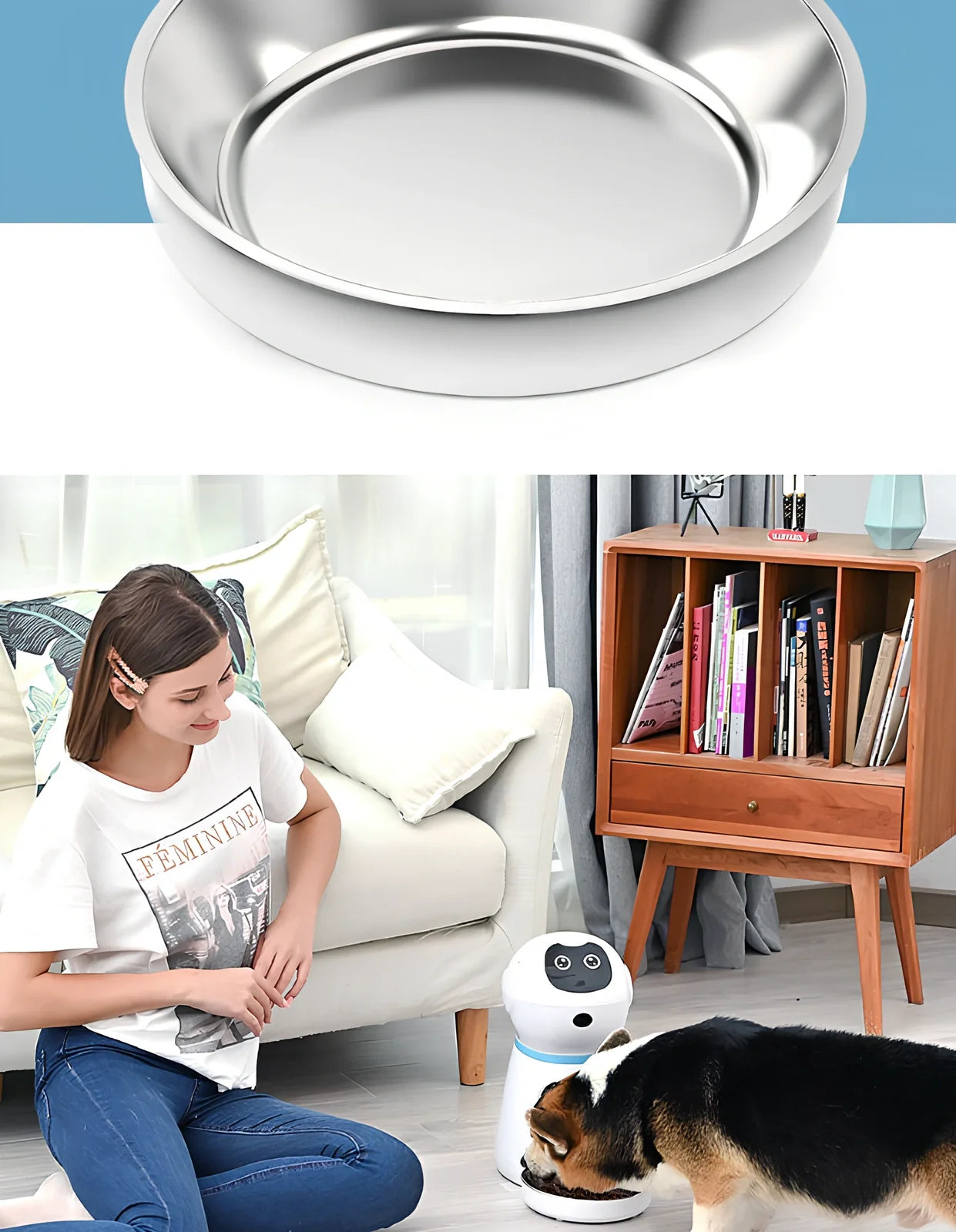 White automatic pet feeder with removable grain barrel and metal tray, infrared sensor for 5g dry food portions