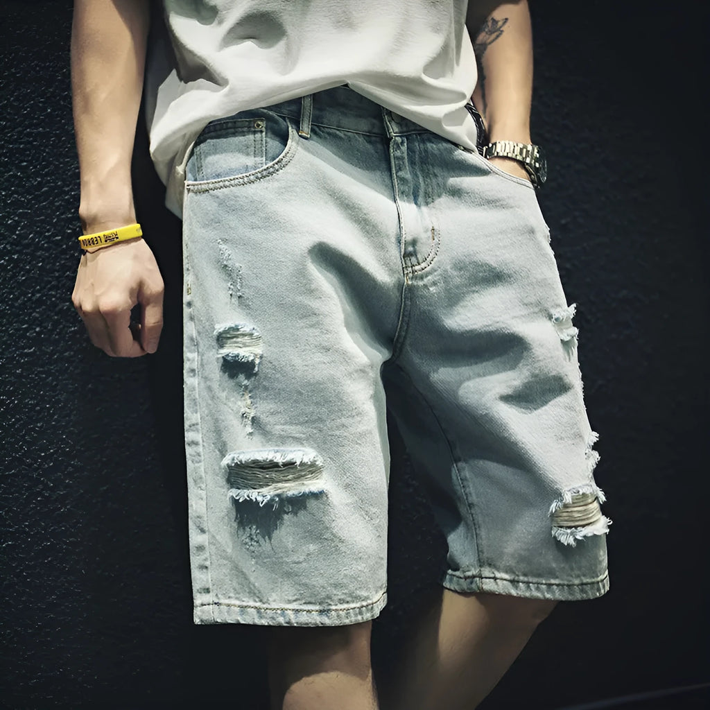 Ripped denim outer wear fifth pants in light blue loose fit cropped trousers