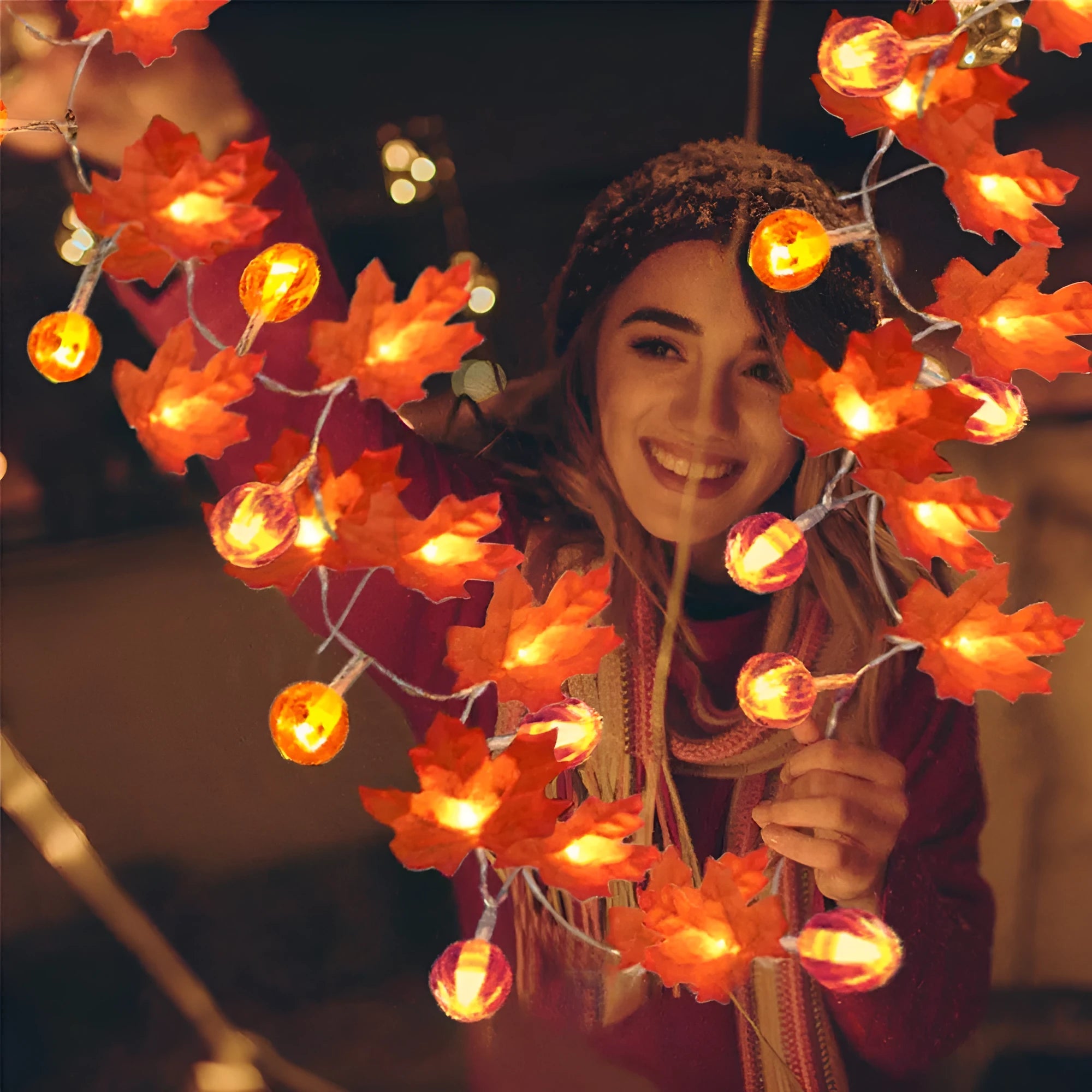 1.5m LED pumpkin light string with 10 warm white lights, IP44 rated plastic shell, switch control