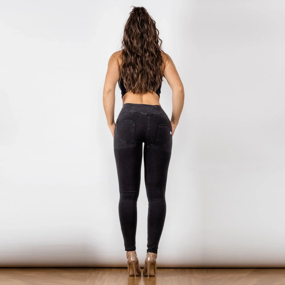 Black women's high waist jeans with button-up hip raise in British style