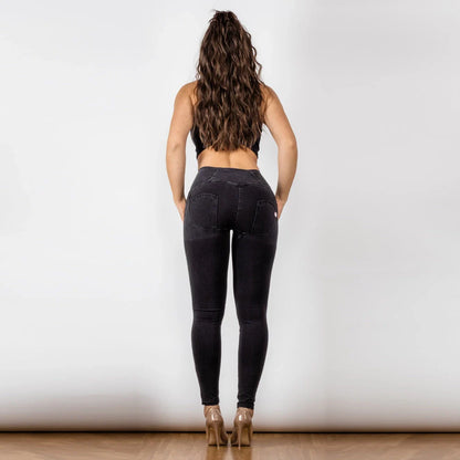 Black women's high waist jeans with button-up hip raise in British style