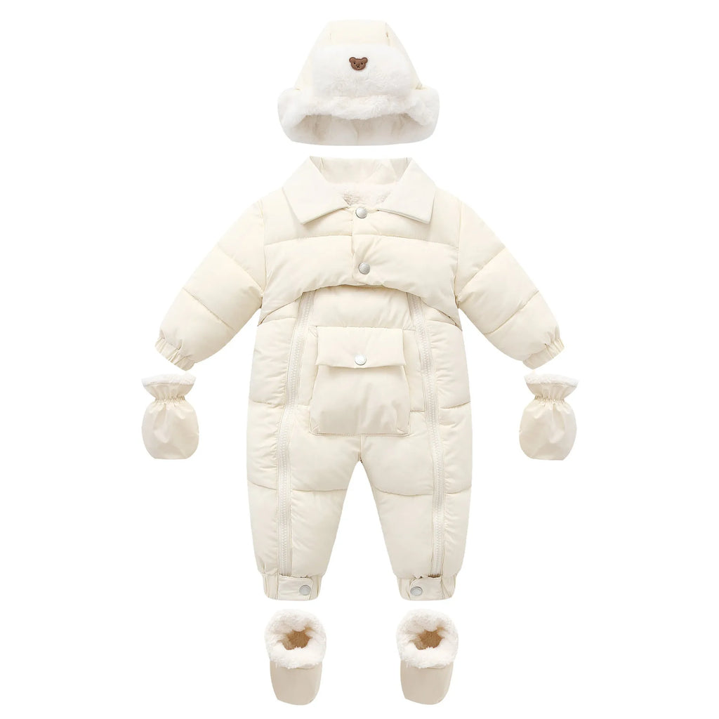 Baby cotton-padded thicken crawler suit with detachable hood in white on a baby