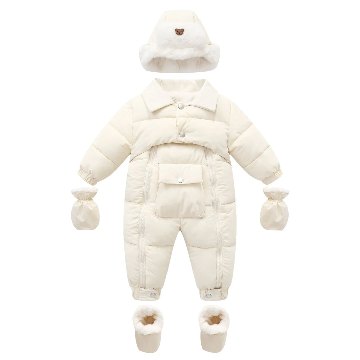 Baby cotton-padded thicken crawler suit with detachable hood in white on a baby