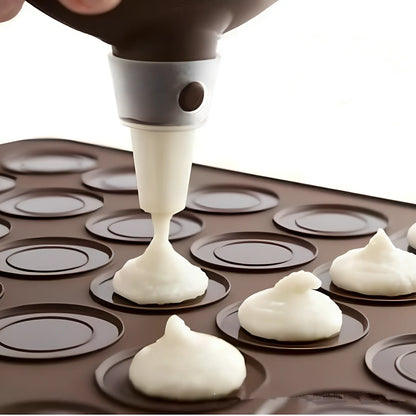 Brown silicone baking mat 29.5 cm x 21.5 cm with 2.3 cm and 3.7 cm circles for non-stick oven baking