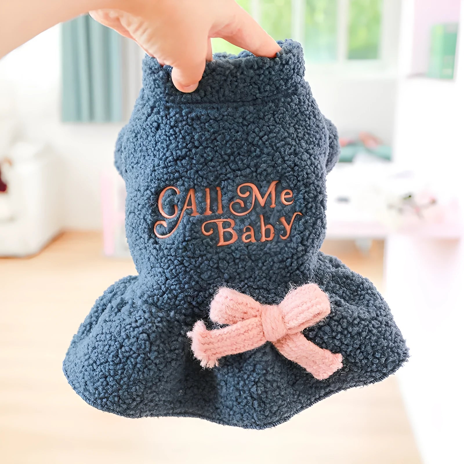 Berber fleece pet skirt for dogs and cats in baby letter print design available in pink or dark blue
