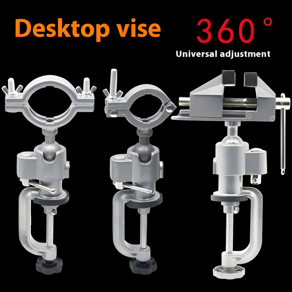 Small flat bracket type clamp-on bench vise with 360-degree rotating head