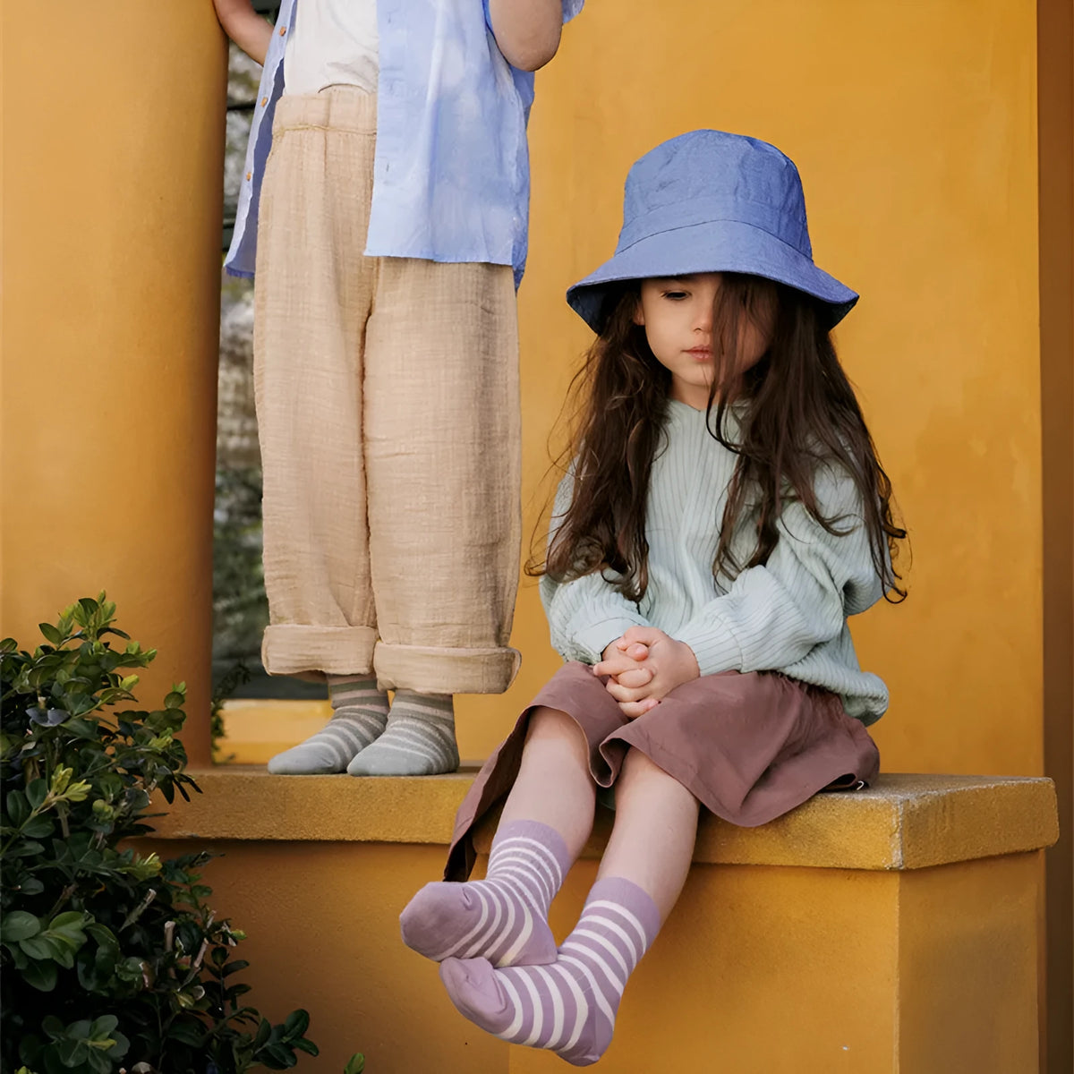 Children's striped mid-calf cotton ankle socks in blue pinstripe colour for boys and girls
