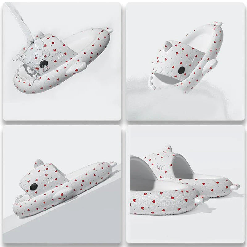 Cozy heart-shaped shark print slippers in various colors, perfect for relaxation and everyday wear