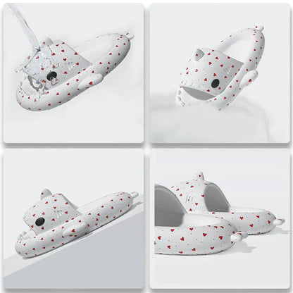 Cozy heart-shaped shark print slippers in various colors, perfect for relaxation and everyday wear