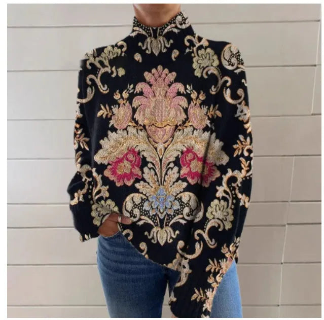 Black 3D pattern printed turtleneck sweater with loose fit and long sleeves