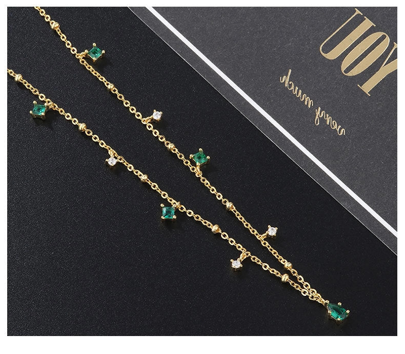 Generous water drop emerald zircon necklace with sterling silver chain, Korean style jewelry
