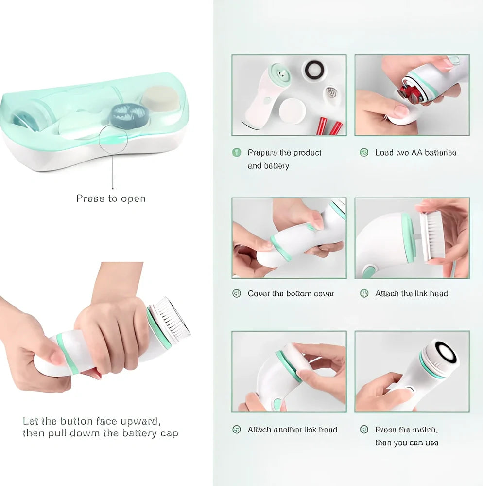 Blue 4-in-1 electric facial cleansing brush with exfoliating head, soft sponge, silicone brush, and travel case for deep pore cleaning