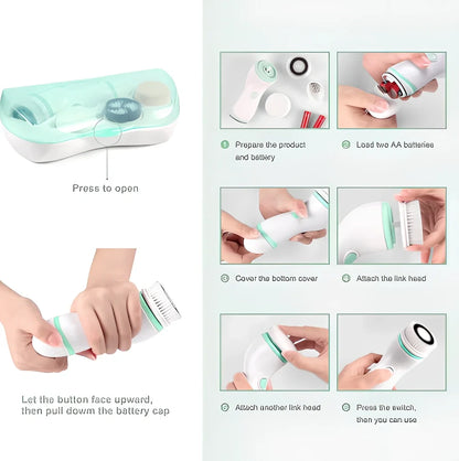 Blue 4-in-1 electric facial cleansing brush with exfoliating head, soft sponge, silicone brush, and travel case for deep pore cleaning