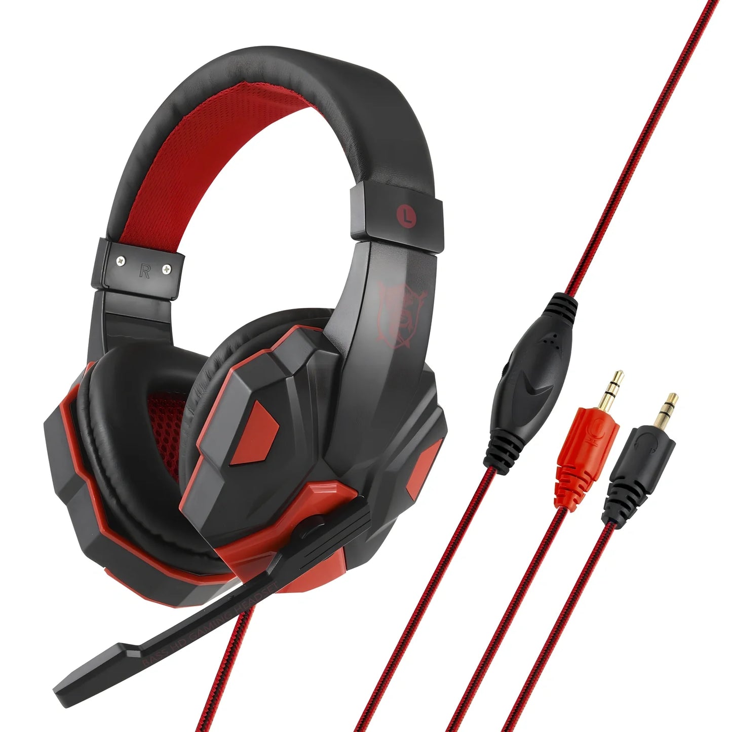 Black gaming headphones with adjustable microphone and braided cable showing 3.5mm plug