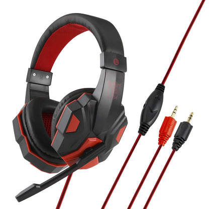 Black gaming headphones with adjustable microphone and braided cable showing 3.5mm plug