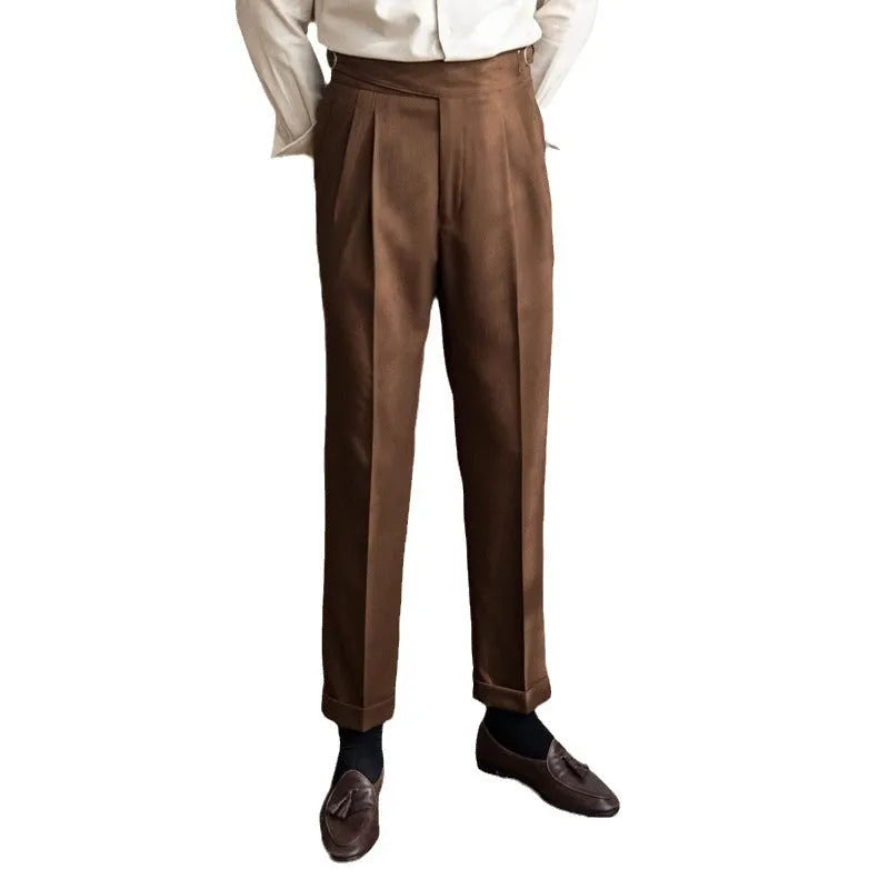Men's high-waisted straight-leg casual trousers in black polyester fabric on a hanger.