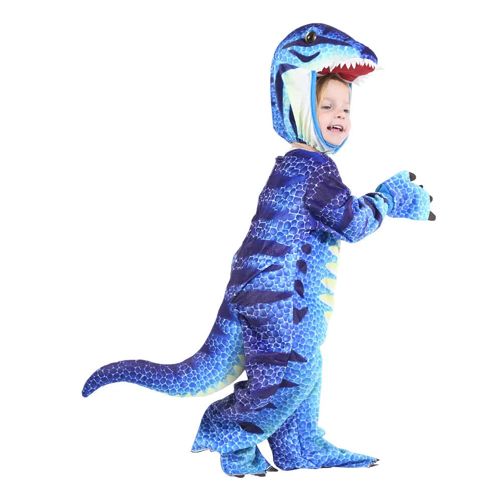 Children's one-piece dinosaur Halloween costume playsuit in green, available in sizes 100cm, 110cm, and 120cm.
