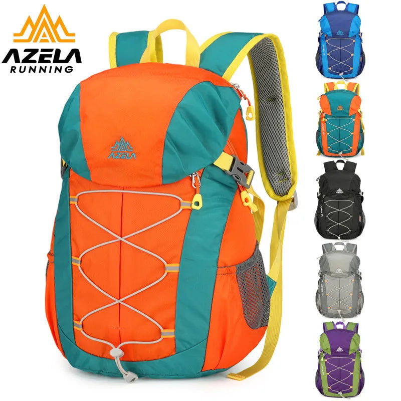 AZELA 20L Color Block Lightweight Hiking Backpack in orange and black, front view, on a rocky outdoor surface