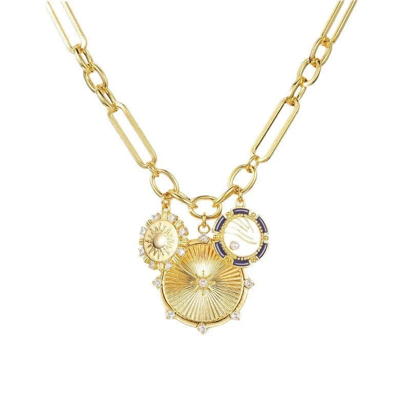 Gold sun pendant necklace with stainless steel chain, adjustable length 41cm to 50cm