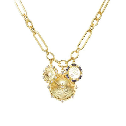 Gold sun pendant necklace with stainless steel chain, adjustable length 41cm to 50cm