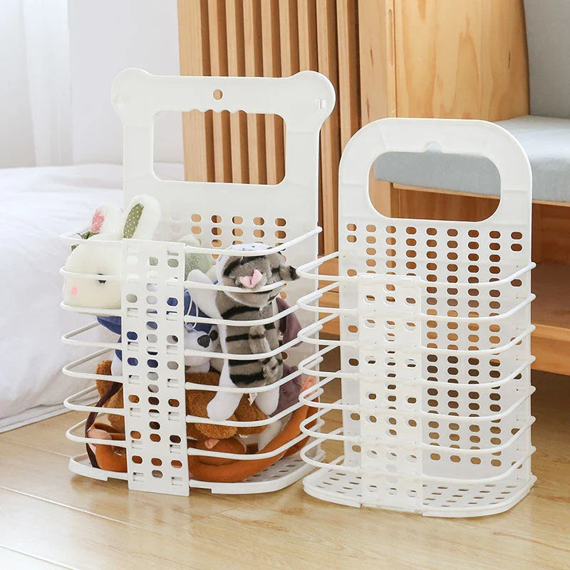 Foldable white laundry basket with handle for clothes and toys organisation