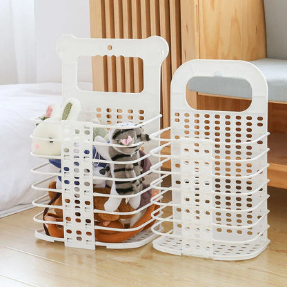 Foldable white laundry basket with handle for clothes and toys organisation