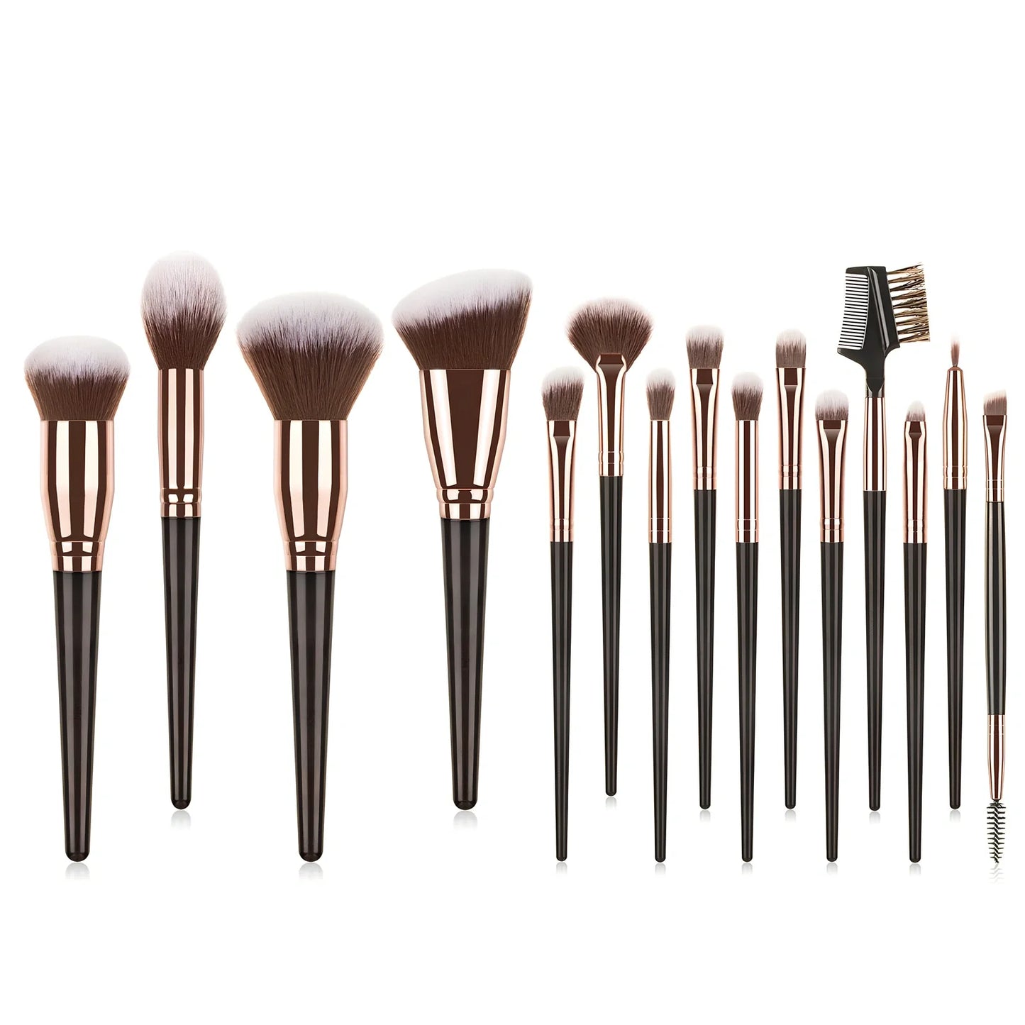 15-piece brown makeup brush set with 19cm lengths and 4cm man-made fibre eye shadow brush